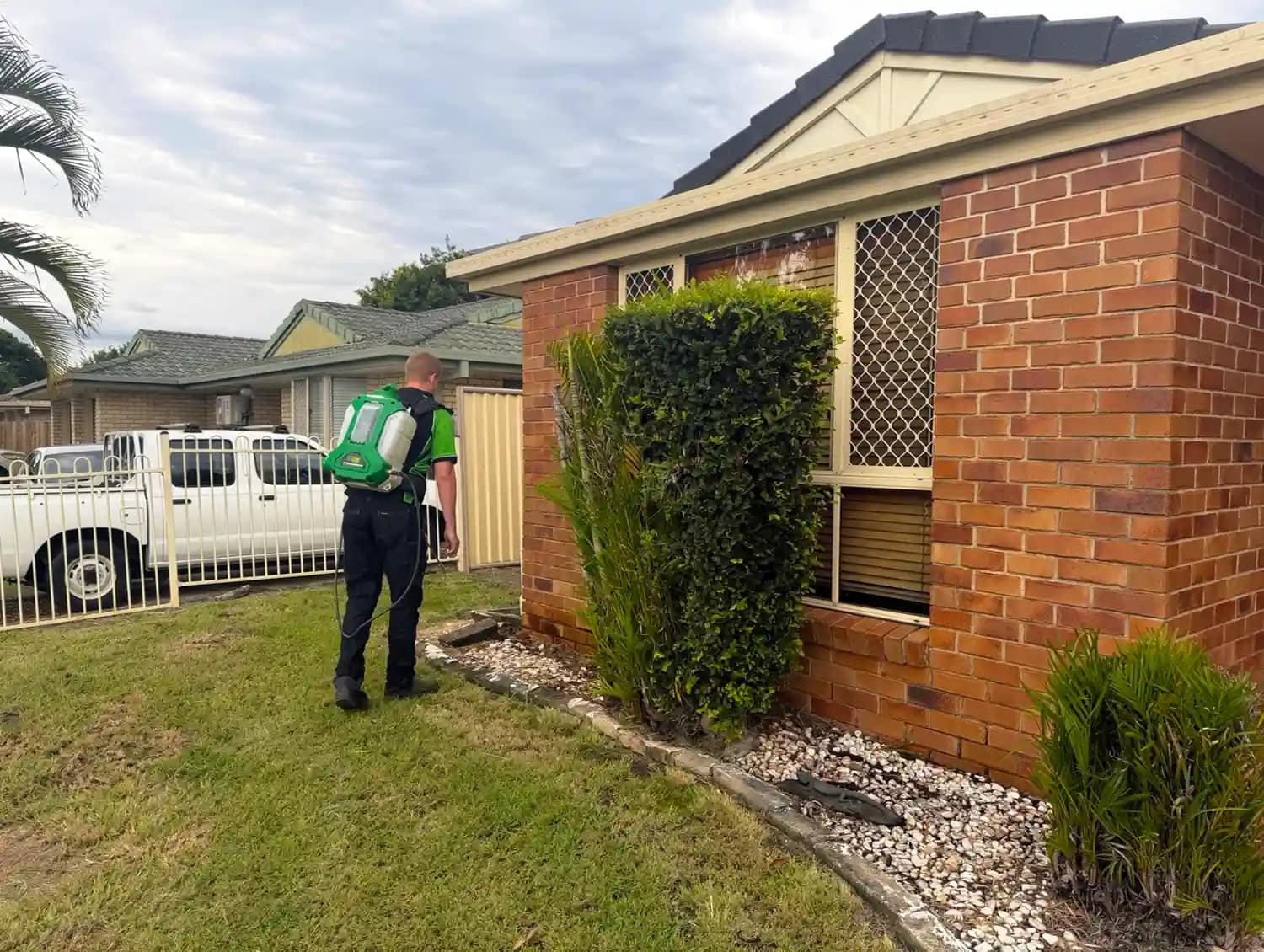 AOK Mowing spraying weeds in garden beds using backpack sprayer in Ipswich