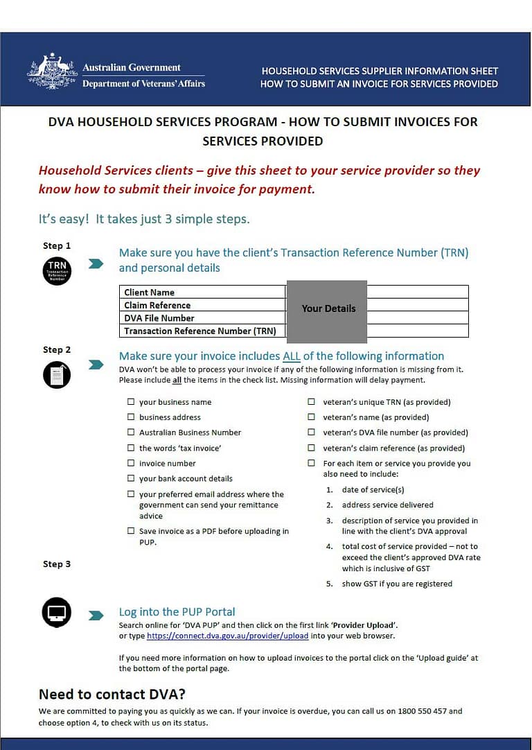 DVA HOUSEHOLD SERVICES SUPPLIER INFORMATION SHEET Example Letter
